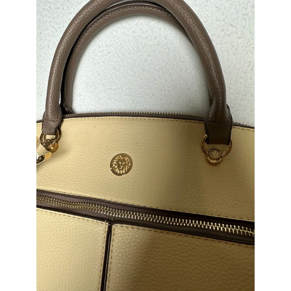 Anne Klein Two Tone Pebbled Satchel Crossbody Bag Beige Taupe Gold Tone NWOT